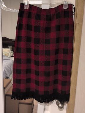 Buffalo Check Midi Skirt with Fringe Hem - Black & Red